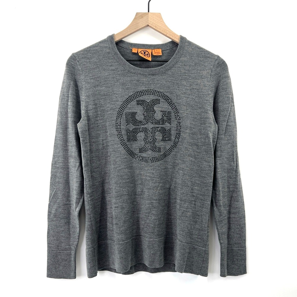 Tory Burch Merino Wool Sweater Women M Gray Logo Bling Crewneck Designer